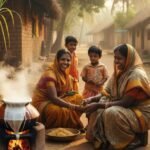 Family cooking Pongal rice outdoors during the Tamil Harvest Festival.