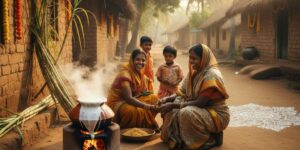 Family cooking Pongal rice outdoors during the Tamil Harvest Festival.